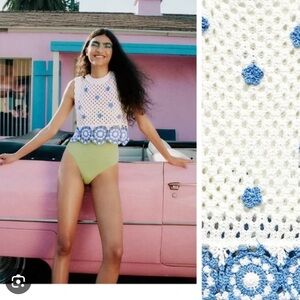 NWT Zara Blue and White Floral Crochet Knit Top, Medium